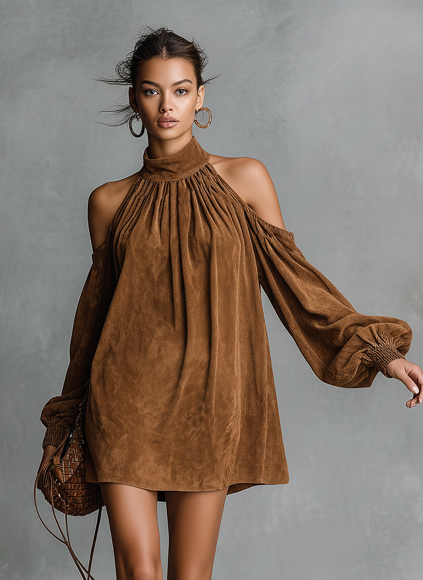 Silvia | Abito Mini in Finta Suede con Collo Alto e Maniche a Lanterne per Donna