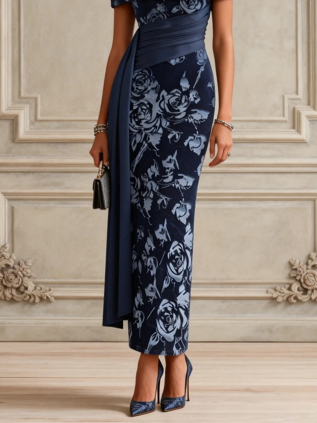 Abito Maxi Bodycon in Velluto a Righe Blu con Spalle Scoperte e Maniche Corte