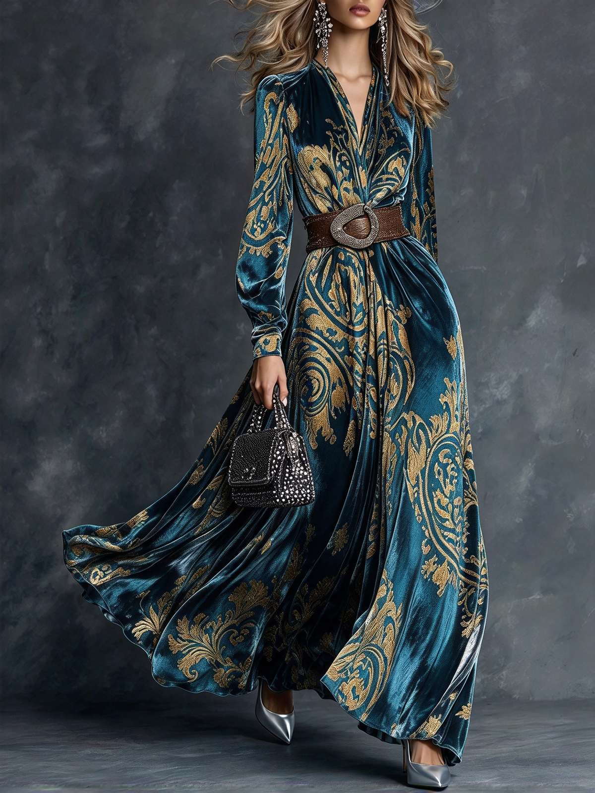 Samanta | Abito Maxi in Stampa Barocca Blu Teal e Oro