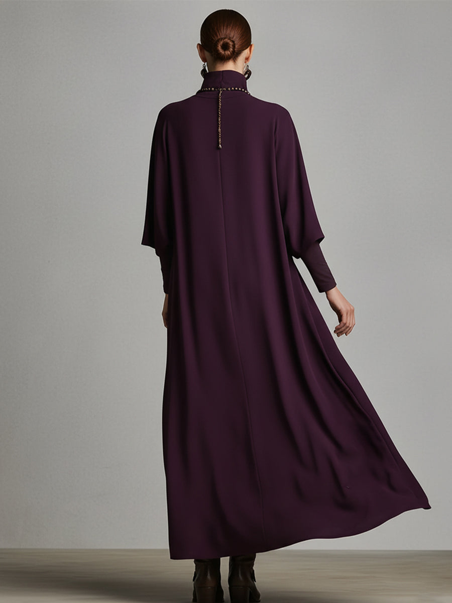 Cinzia | Abito Maxidress Elegante in Jersey di Cotone Mistoe Plum con Drappeggio e Ricami