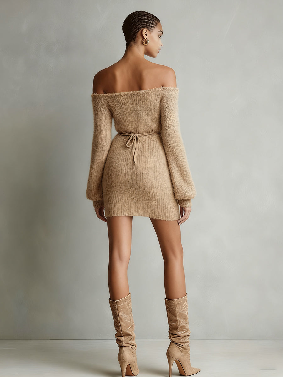 Abito Mini Elegante Fuzzy Camel da Donna con Spalle Scoperte e Cintura