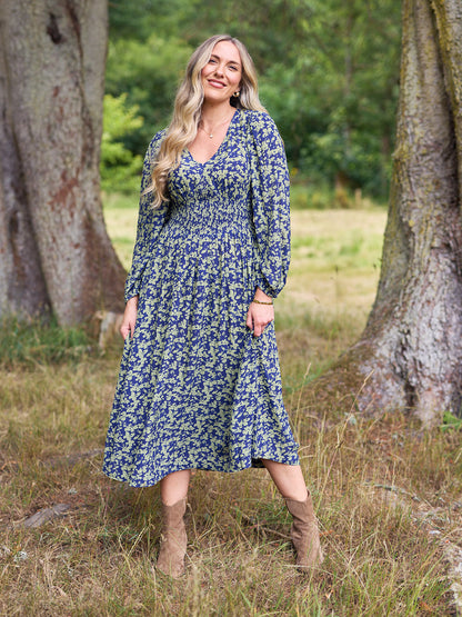 Abito Maddie a Manica Lunga - Stampa Foglia Blu Navy e Verde