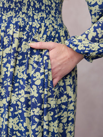 Abito Maddie a Manica Lunga - Stampa Foglia Blu Navy e Verde
