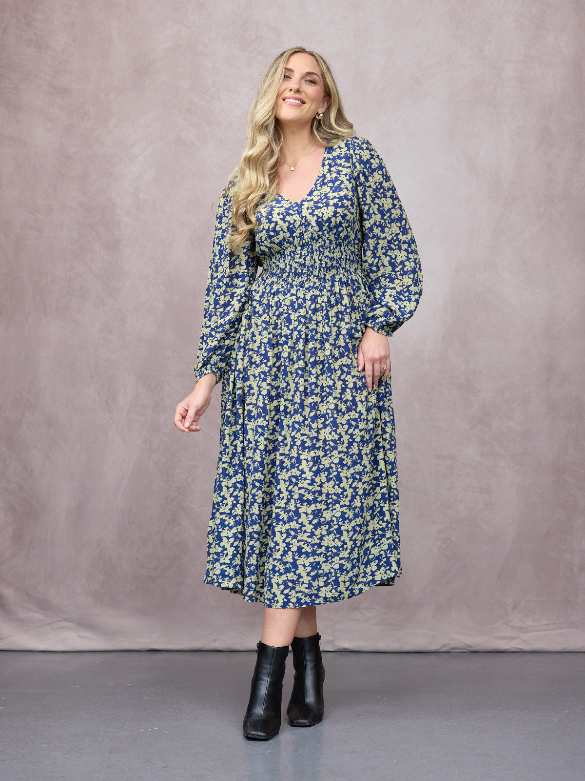 Abito Maddie a Manica Lunga - Stampa Foglia Blu Navy e Verde