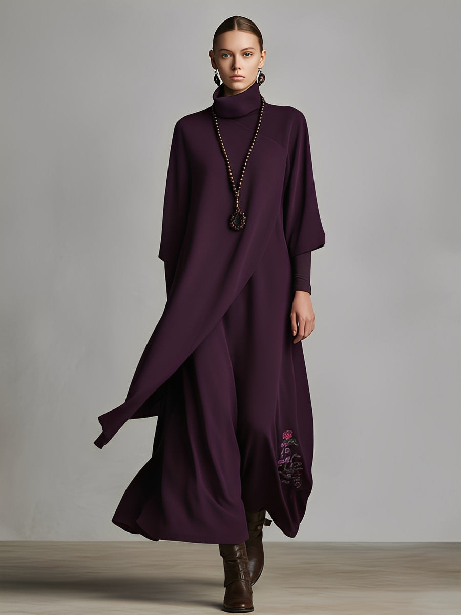 Cinzia | Abito Maxidress Elegante in Jersey di Cotone Mistoe Plum con Drappeggio e Ricami
