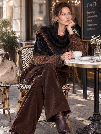 Barbara | Set di Felpa con Collo Alto in Ombre Marrone e Pantaloni a Gamba Larga in Velluto
