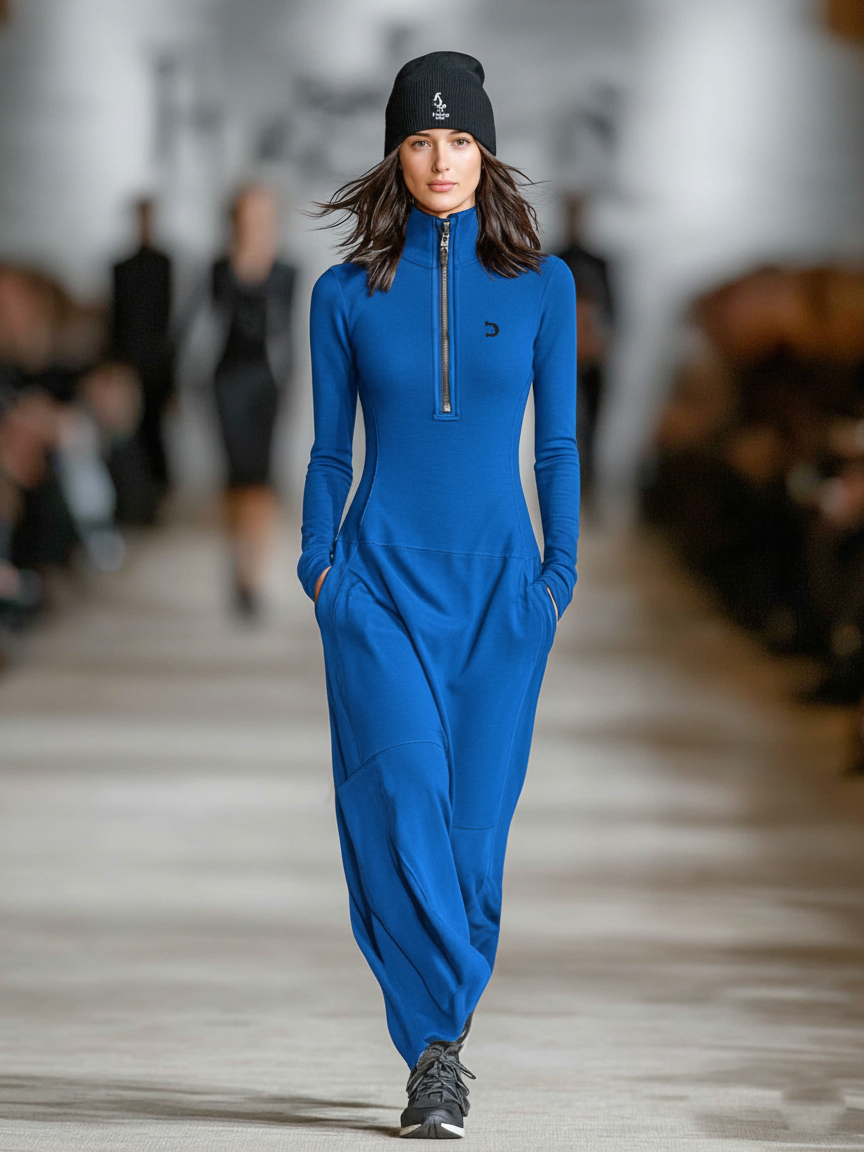 Antonella | Abito Maxi Sportivo Donna in Cotone Misto con Collo Alto e Zip
