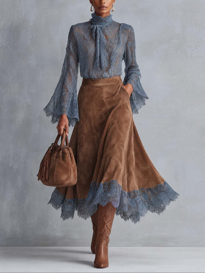 Marceline | Blusa in pizzo trasparente blu polveroso e gonna midi in finta suede color cammello con orlo in pizzo