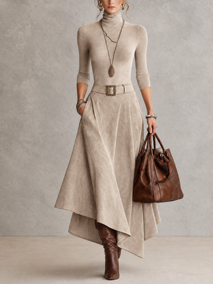 Francesca | Completo color taupe in maglia a collo alto e gonna asimmetrica effetto camoscio