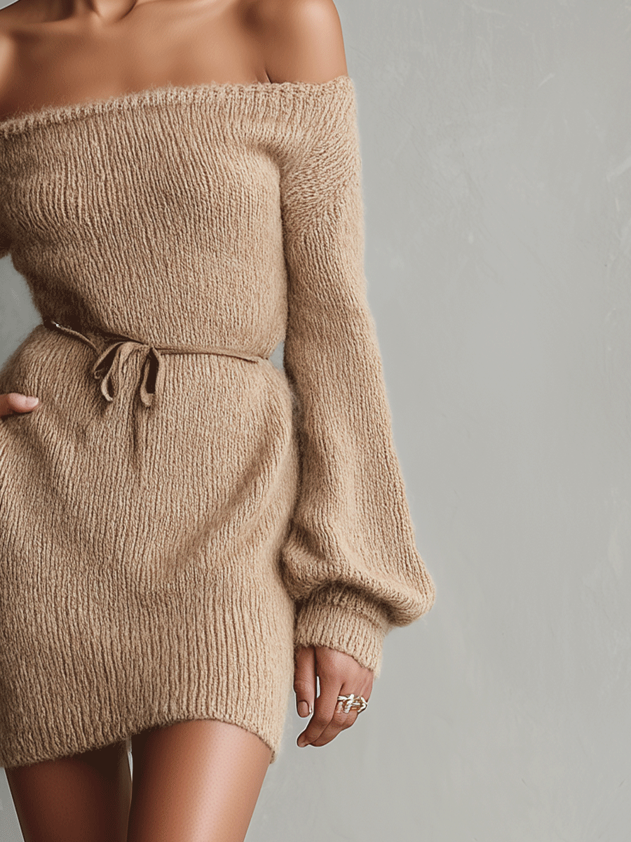 Abito Mini Elegante Fuzzy Camel da Donna con Spalle Scoperte e Cintura