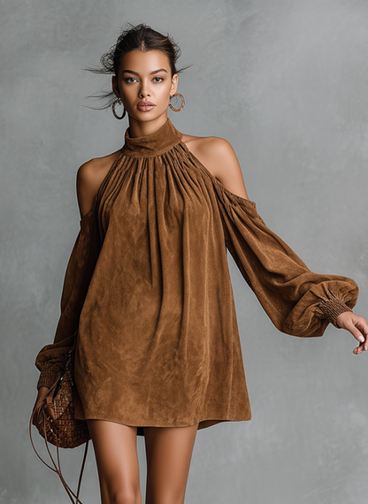 Silvia | Abito Mini in Finta Suede con Collo Alto e Maniche a Lanterne per Donna