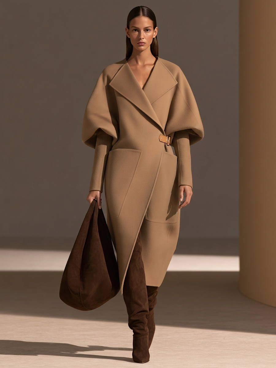 Sara | Cappotto lungo in lana con collo a revers oversize, maniche a sbuffo, cintura in pelle con fibbia e tasche a toppa