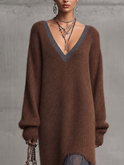 FIAMMA | Abito Midi in Maglia Mohair Marrone Cioccolato con Orlo in Pizzo