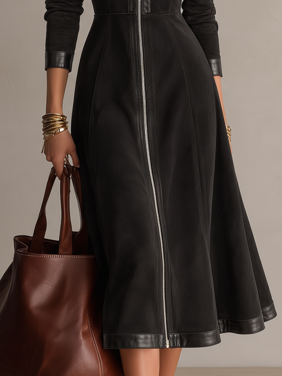 Carmelia | Vestito Midi in Pelle Patchwork Nera con Collo Stand Vintage