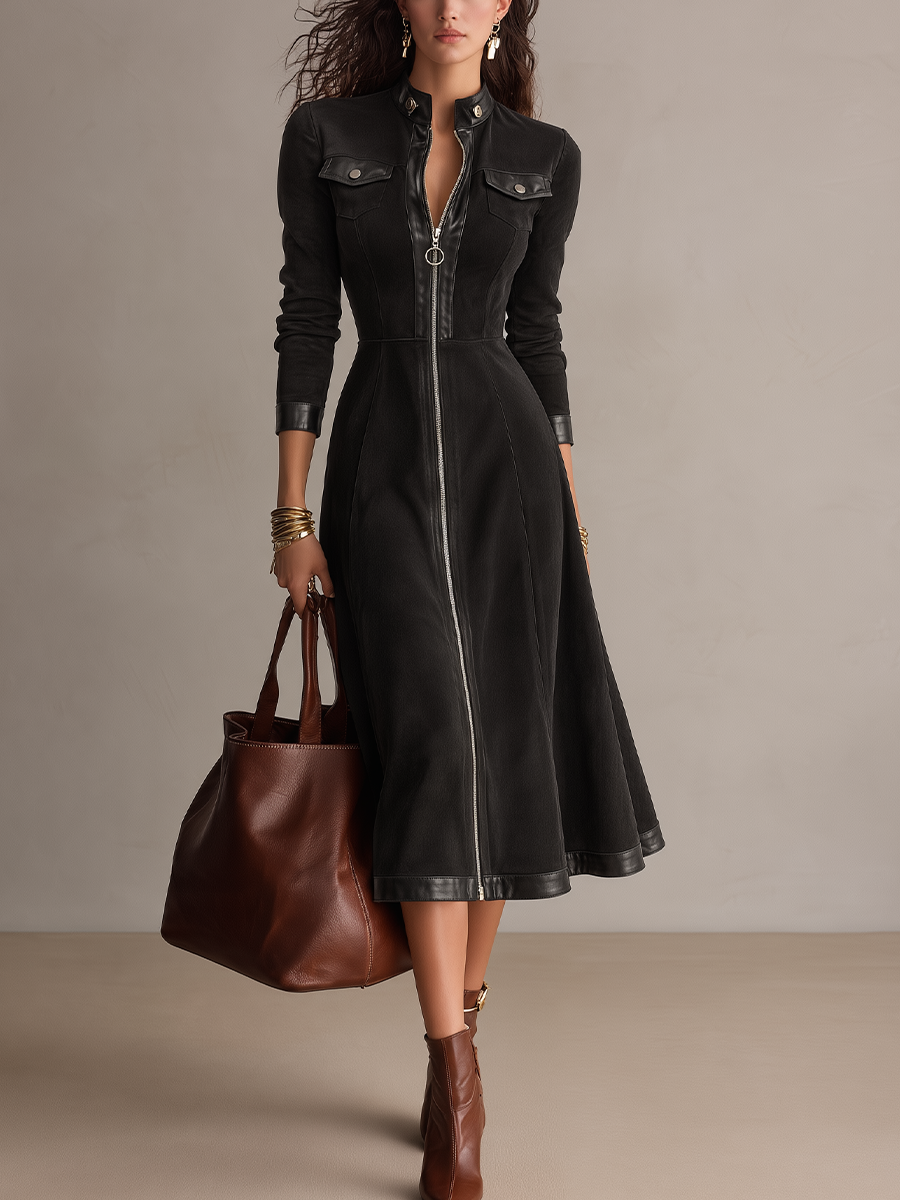 Carmelia | Vestito Midi in Pelle Patchwork Nera con Collo Stand Vintage