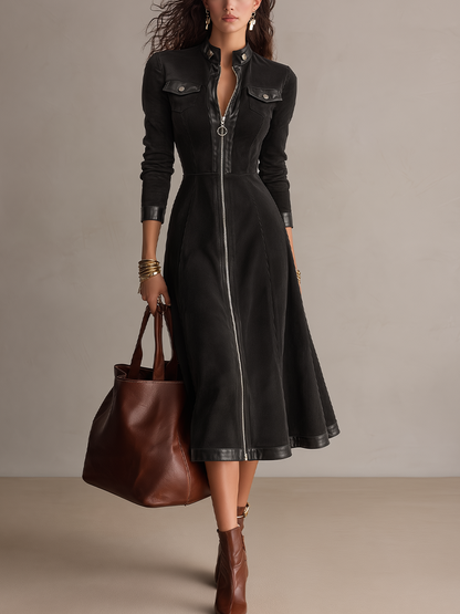 Carmelia | Vestito Midi in Pelle Patchwork Nera con Collo Stand Vintage