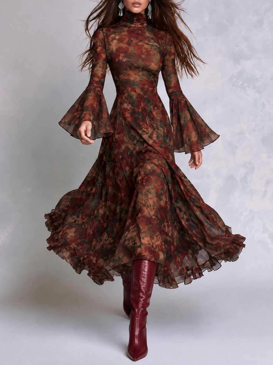 Greta | Abito Midi in Stile Boho con Stampa Floreale e Maniche a Campana con Rouches