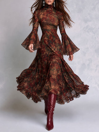 Greta | Abito Midi in Stile Boho con Stampa Floreale e Maniche a Campana con Rouches
