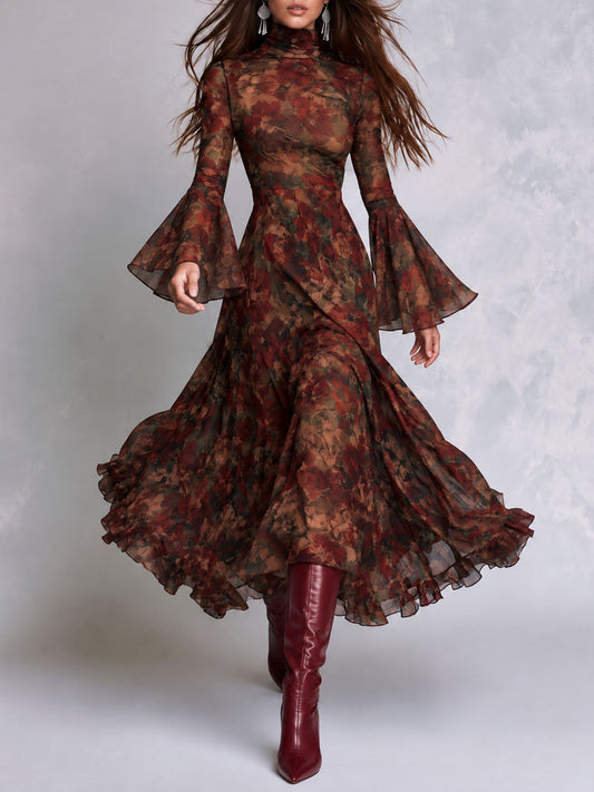 Greta | Abito Midi in Stile Boho con Stampa Floreale e Maniche a Campana con Rouches