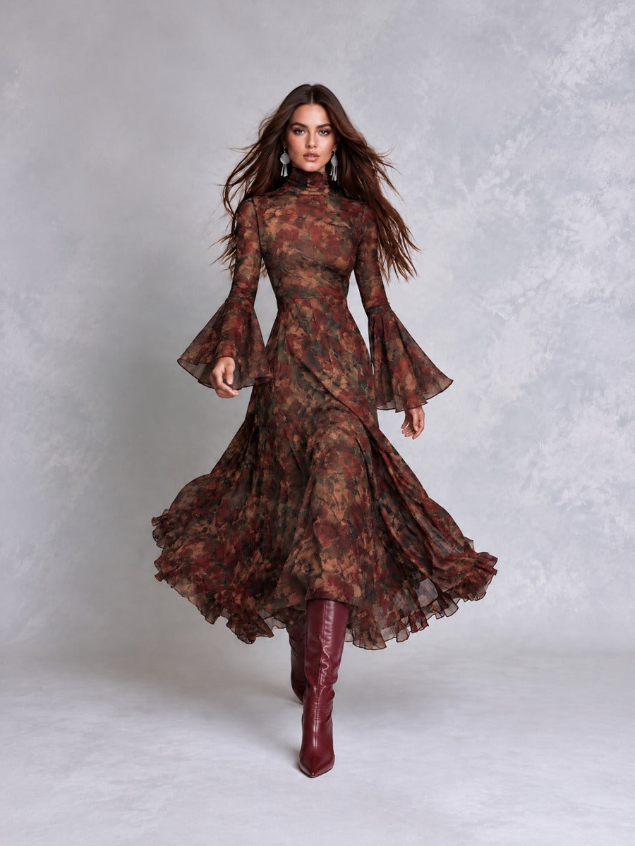Greta | Abito Midi in Stile Boho con Stampa Floreale e Maniche a Campana con Rouches