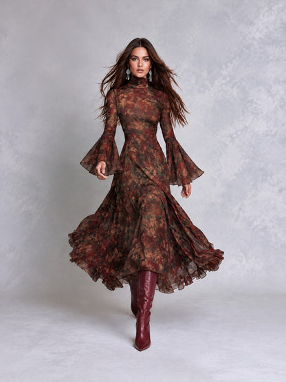 Greta | Abito Midi in Stile Boho con Stampa Floreale e Maniche a Campana con Rouches