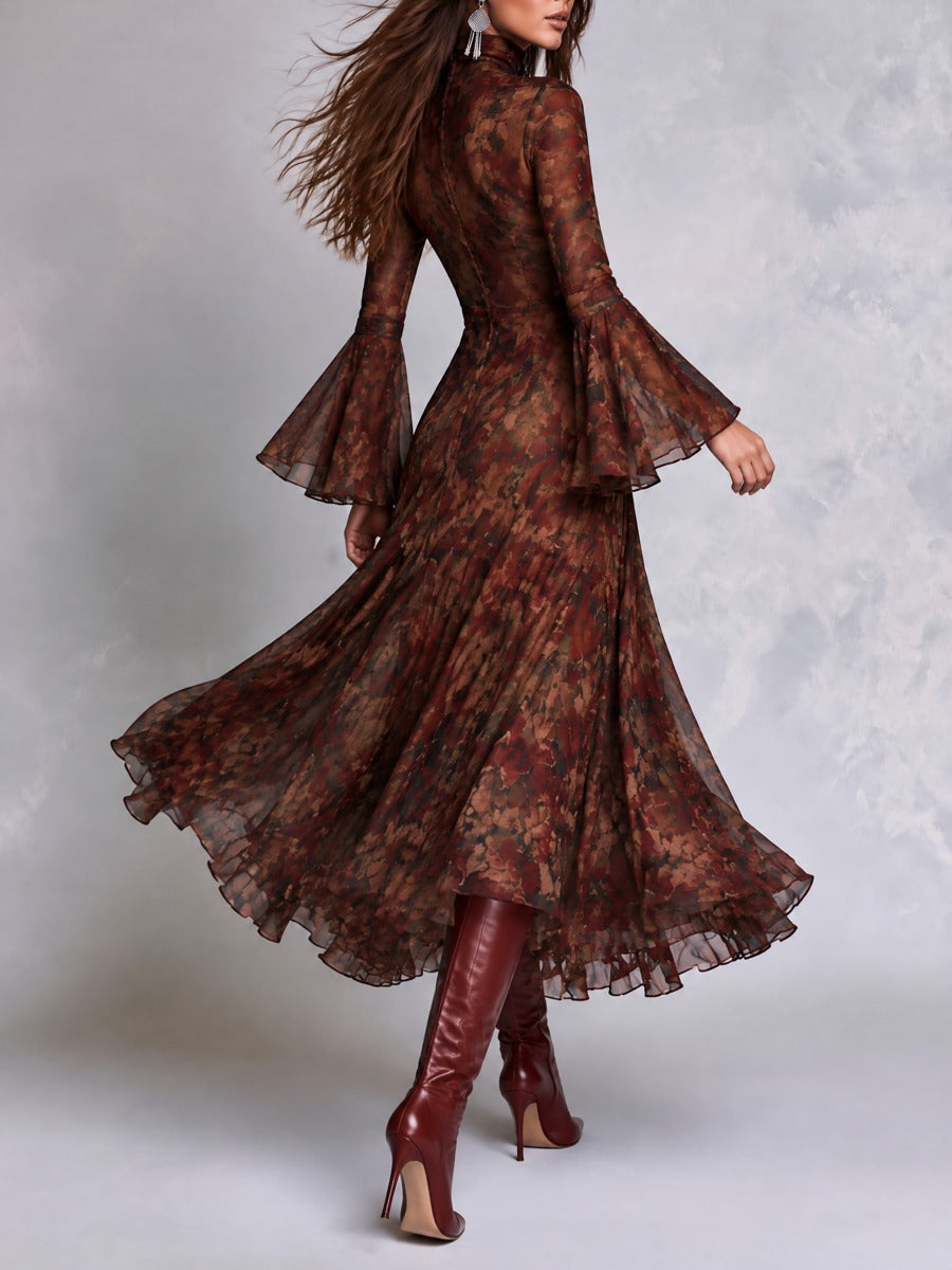 Greta | Abito Midi in Stile Boho con Stampa Floreale e Maniche a Campana con Rouches