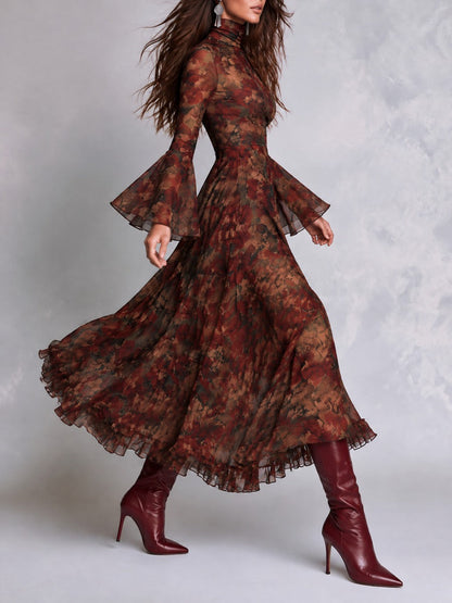 Greta | Abito Midi in Stile Boho con Stampa Floreale e Maniche a Campana con Rouches