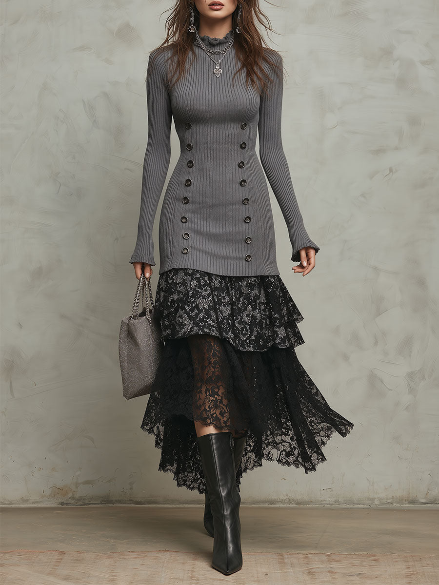 Lina | Abito Maxi a Righe con Collo Alto Decorativo e Orlo in Pizzo