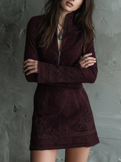 Luisa | Mini Abito in Suede Vintage con Ricamo e Pizzo