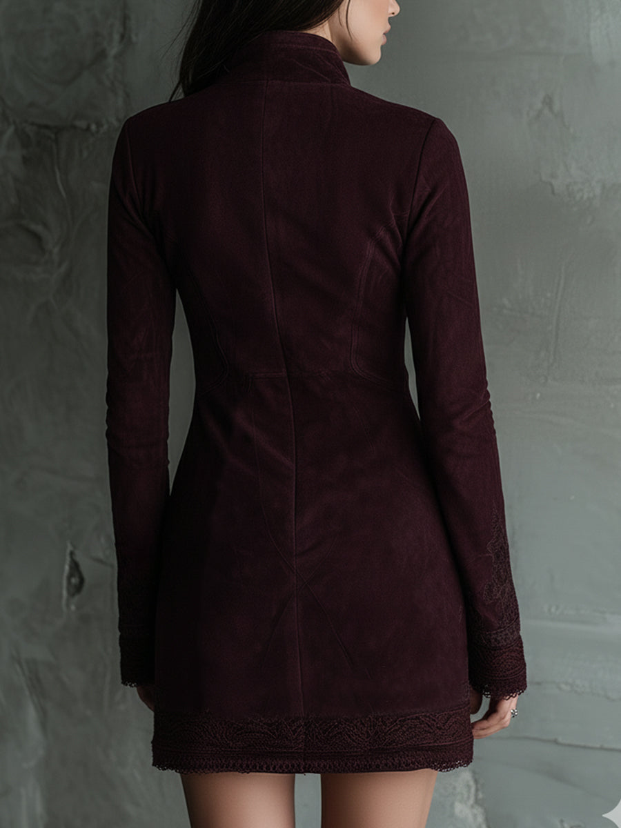 Luisa | Mini Abito in Suede Vintage con Ricamo e Pizzo