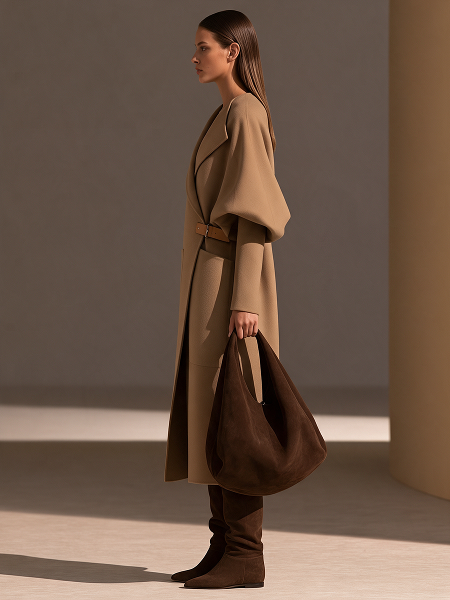 Sara | Cappotto lungo in lana con collo a revers oversize, maniche a sbuffo, cintura in pelle con fibbia e tasche a toppa
