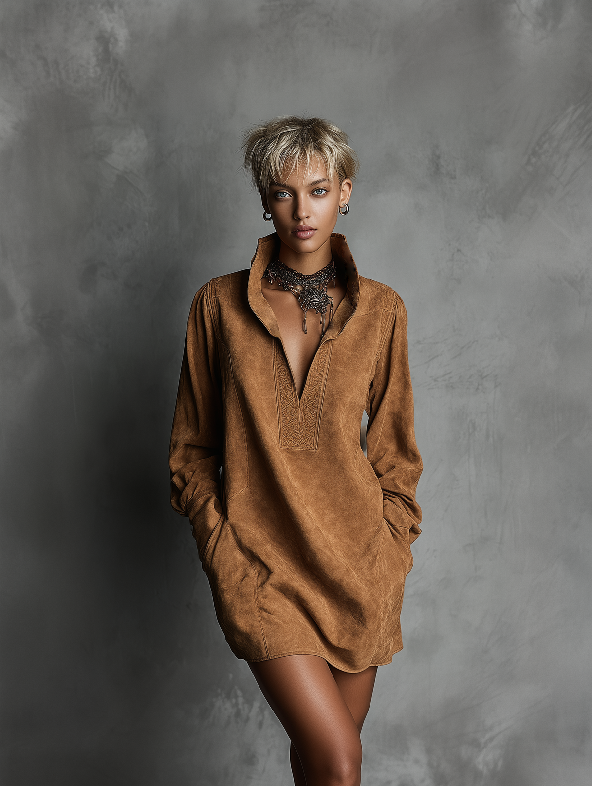 Silvanna | Abito Casual Lungo con Scollatura a V in Suede Embossed da Donna