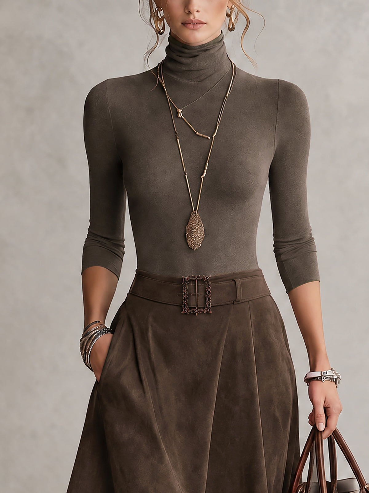 Francesca | Completo color taupe in maglia a collo alto e gonna asimmetrica effetto camoscio