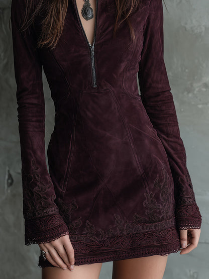 Luisa | Mini Abito in Suede Vintage con Ricamo e Pizzo
