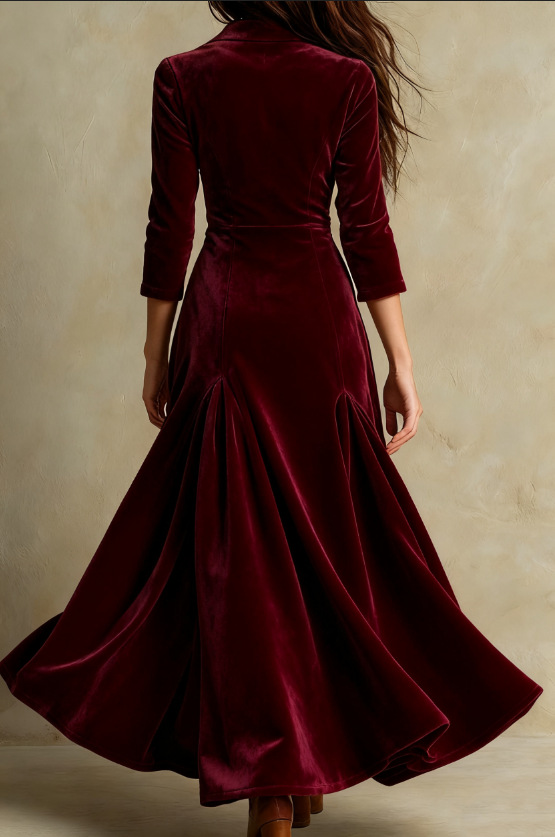 Miranda | Abito lungo in velluto elegante retro marrone con colletto