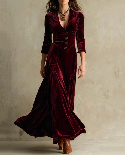 Miranda | Abito lungo in velluto elegante retro marrone con colletto