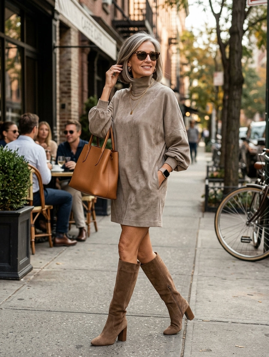 Samaria | Abito Mini in Finta Pelle Suede con Collo Alto e Vestibilità Larga per Donne
