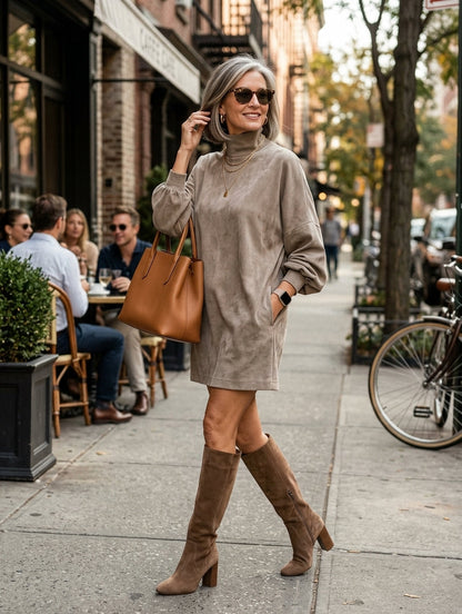 Samaria | Abito Mini in Finta Pelle Suede con Collo Alto e Vestibilità Larga per Donne