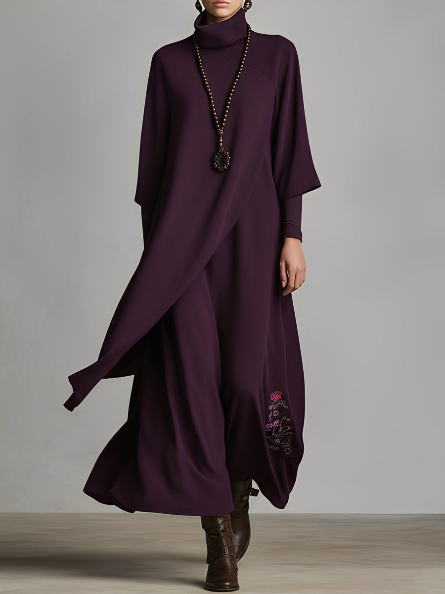 Cinzia | Abito Maxidress Elegante in Jersey di Cotone Mistoe Plum con Drappeggio e Ricami
