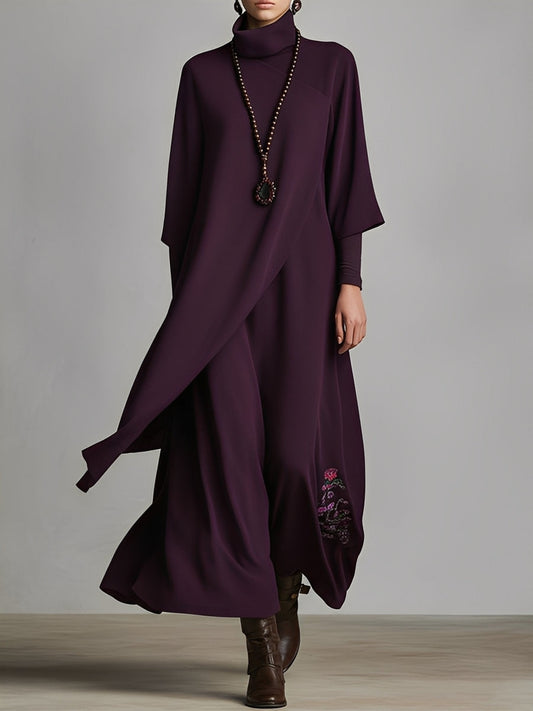 Cinzia | Abito Maxidress Elegante in Jersey di Cotone Mistoe Plum con Drappeggio e Ricami