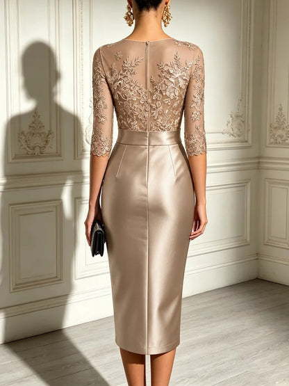 Abito Midi in Raso con Maniche in Tulle e Pizzo Nero