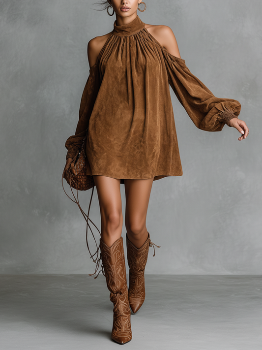 Silvia | Abito Mini in Finta Suede con Collo Alto e Maniche a Lanterne per Donna