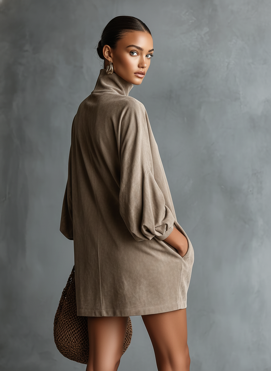 Samaria | Abito Mini in Finta Pelle Suede con Collo Alto e Vestibilità Larga per Donne