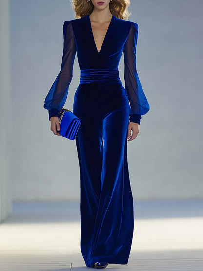 Mirella | Tuta lunga in velluto reale con scollo a V e maniche lunghe in rete, elegante e rétro