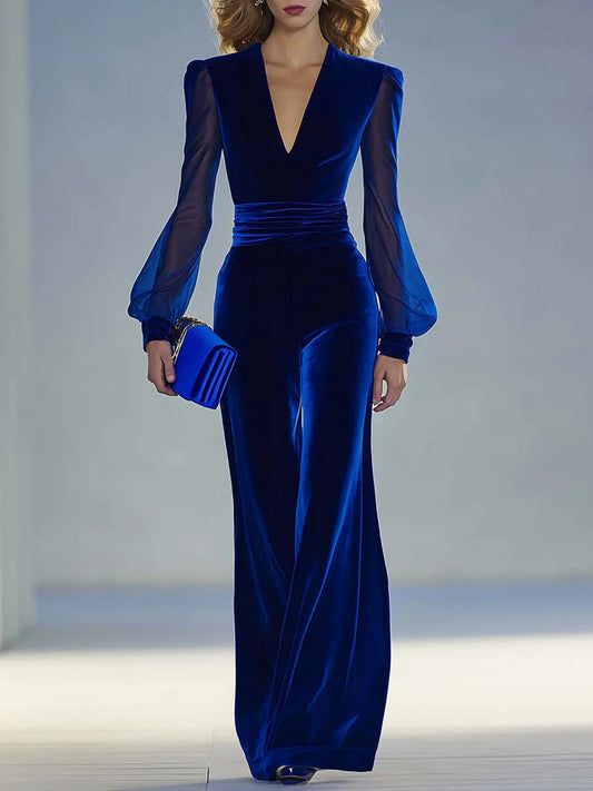 Mirella | Tuta lunga in velluto reale con scollo a V e maniche lunghe in rete, elegante e rétro