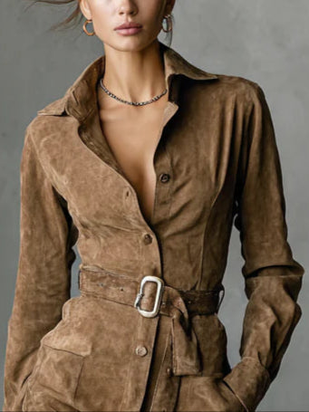 Mercedes | Abito Midi in Suede a Manica Lunga con Revers (Cintura non inclusa)