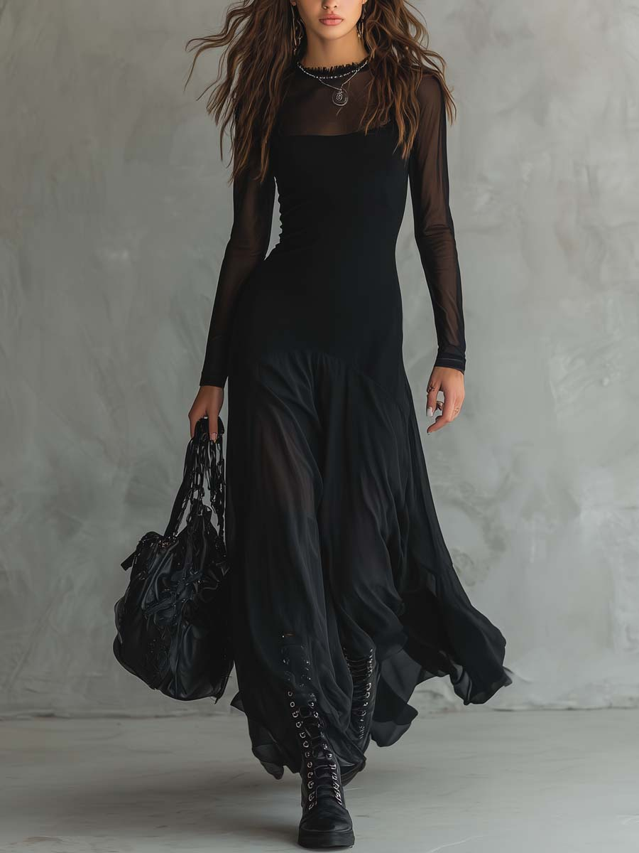 Neroa | Abito maxi svasato in tulle nero