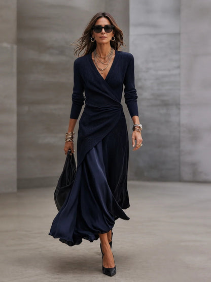 Artemisia | Abito Maxi Asimmetrico con Scollatura a V e Pannelli in Raso Blu Navy