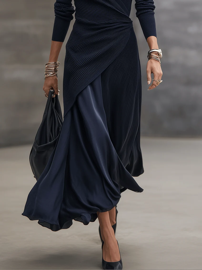 Artemisia | Abito Maxi Asimmetrico con Scollatura a V e Pannelli in Raso Blu Navy