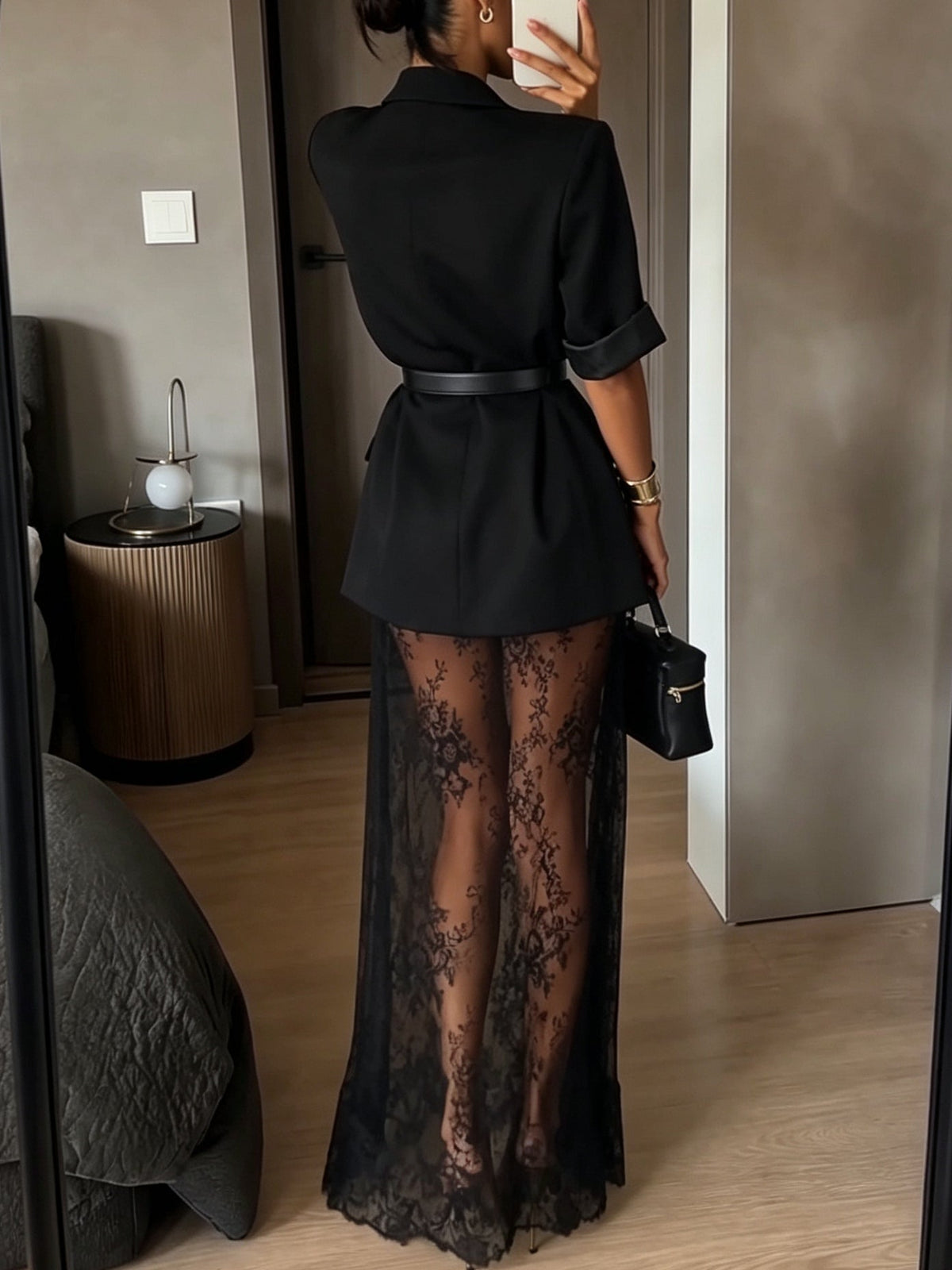 Blazer Nero a Maniche Corte & Abito Maxi Slip in Pizzo Floreale Trasparente Set a Due Pezzi (con cintura)